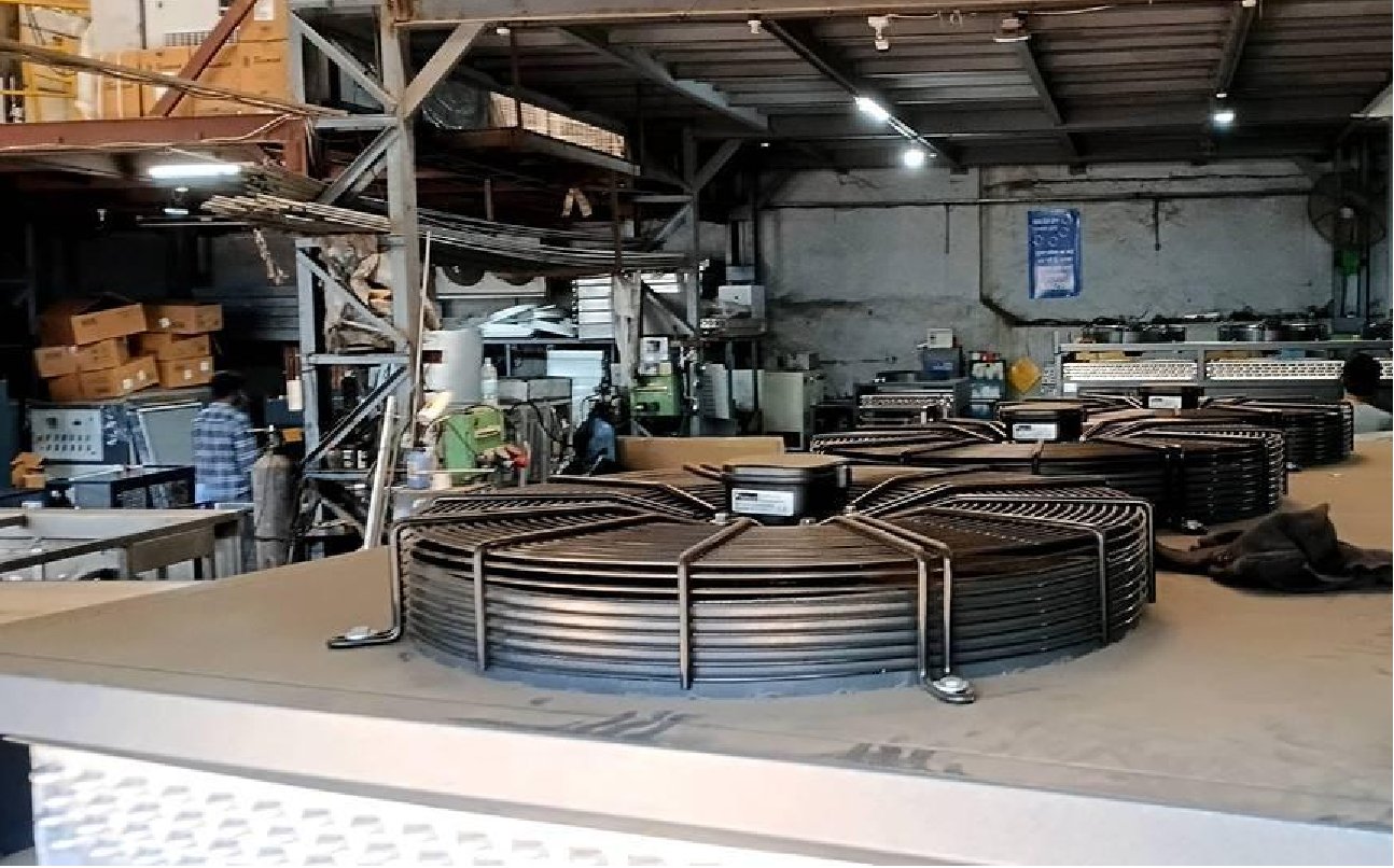 Condenser coil assemblies on the National Cooling Systems manufacturing floor
