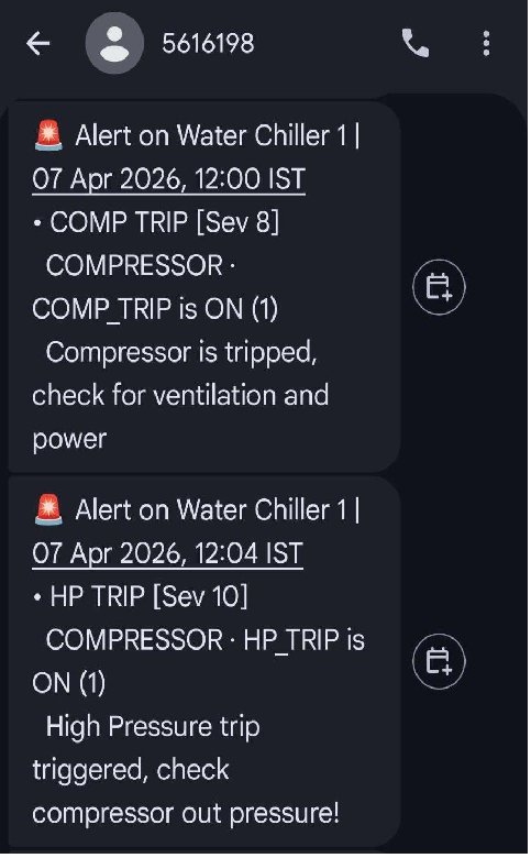 SMS alerts for compressor trip and high pressure trip on Water Chiller 1